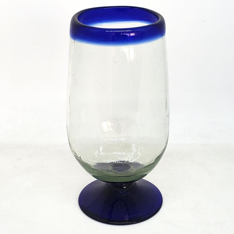 Sale Items / Cobalt Blue Rim 17 oz Tall Water Goblets  / These tall water goblets will embellish your table setting and give it a festive feel. Made from authentic hand blown recycled glass.